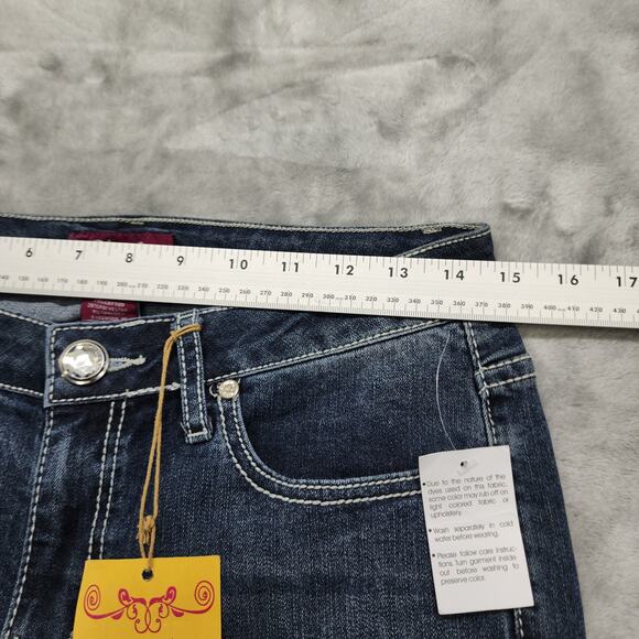 NEW D'mode Jeans Womens 11 Juniors Blue Mid Rise Straight Leg Flap Pockets Bling - Picture 12 of 16